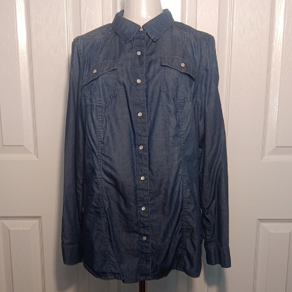 Lane Bryant Classic Blue Denim Pearl Snap Button-Down Shirt
